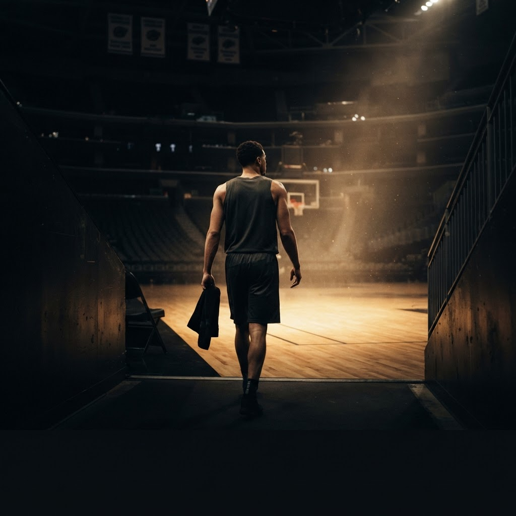 Basketball player walking onto a dimly lit court